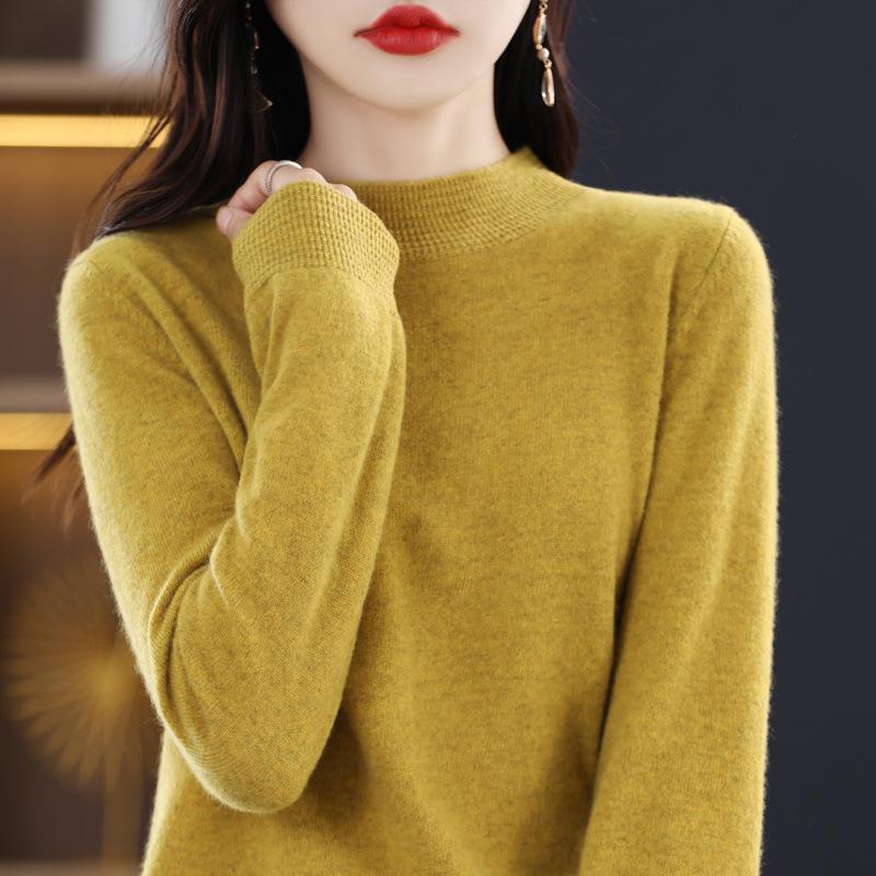 Women's Cashmere Sweater - Autumn/Winter, Solid Color, Loose Pullover, Half-High Collar, Korean Style, Long Sleeve Knit Wool Base Layer.