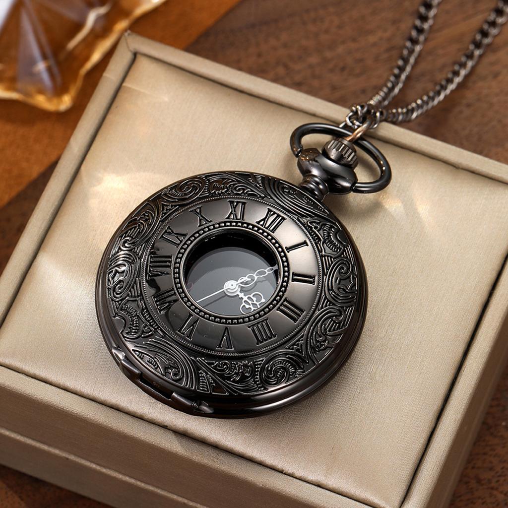 Vintage Charm Black Unisex Fashion Roman Number Quartz Steampunk Pocket Watch Women Man Necklace Pendant with Chain Gift
