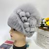 New Style Rex Rabbit Fur Hat Women Winter Knitted Fluffy Outdoor Snow Cap Floral Striped Female Fox Fur Warm Beanie
