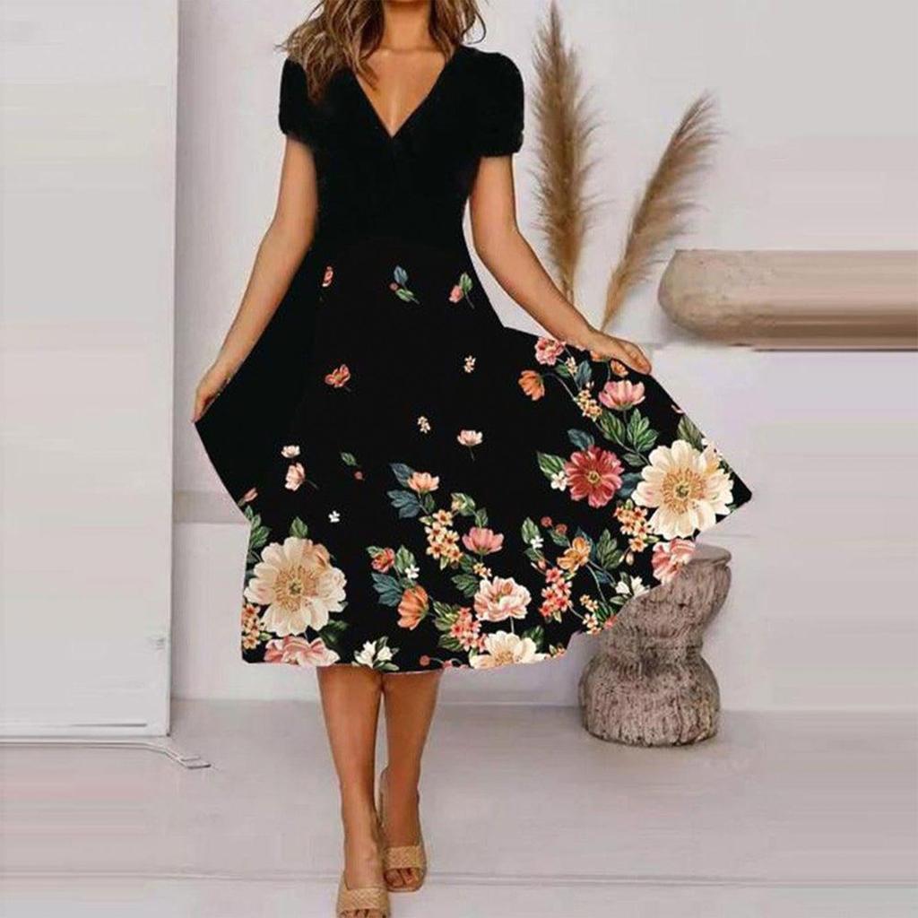 Women's Summer Casual Fashion Floral Print Short Sleeve V-Neck Swing Dress