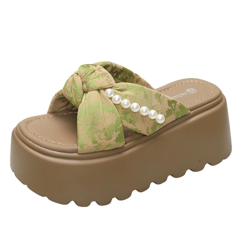 Fashion 9CM Women High Platform Beads Slippers New 2025 Summer Beach Ladies Wedge Heels Shoes Woman Outside Chunky Sandals