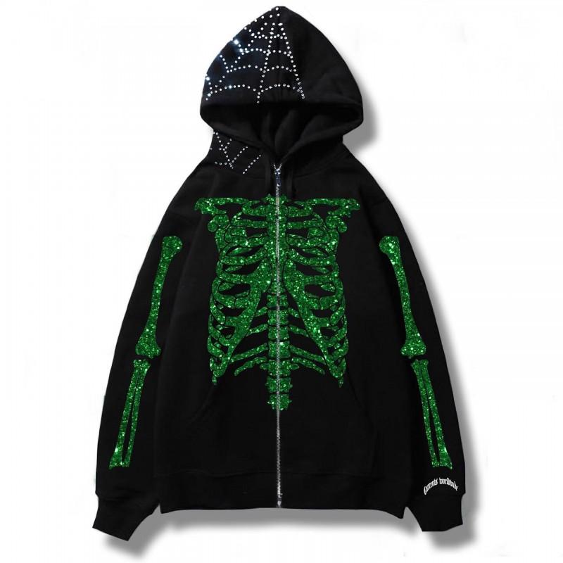 Y2K Punk Gothic Skull Spiderweb Print Hooded Long Sleeve Zip-Up Sweatshirt Unisex Oversized Streetwear