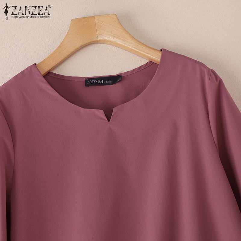 ZANZEA Женская повседневная однотонная свободная блузка с V-образным вырезом и рукавом 3/4