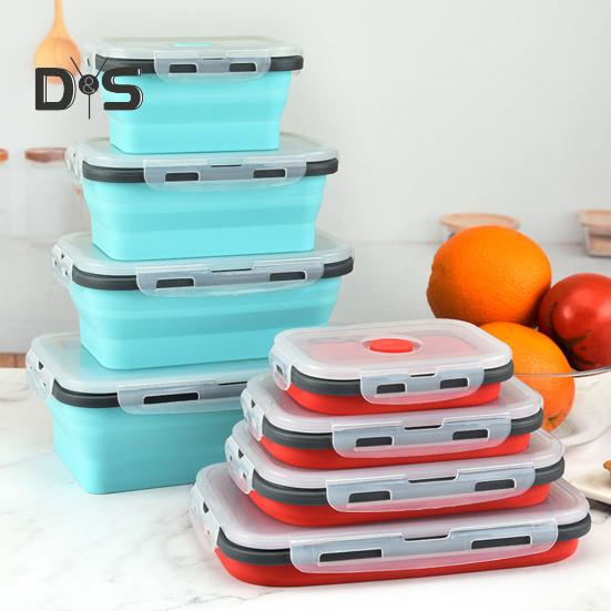 4Pcs Collapsible Food Storage Container With Lids Flat Stackable Refrigerator Food Box Set Silicone Food Sealed Crisper Lunch Bento Box For