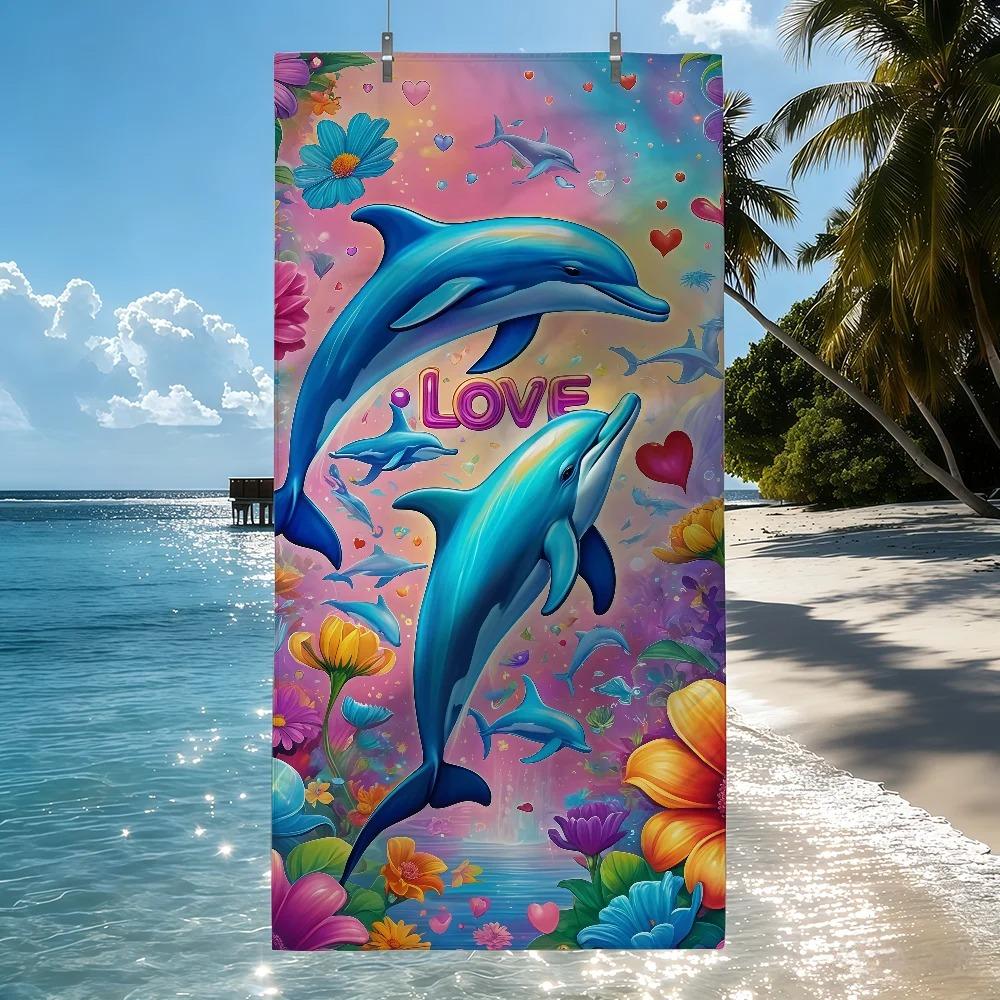 Rainbow Dolphin Hibiscus Print Beach Towel Microfiber Quick Dry Absorbent Bath Towel For Summer Beach Pool Swim