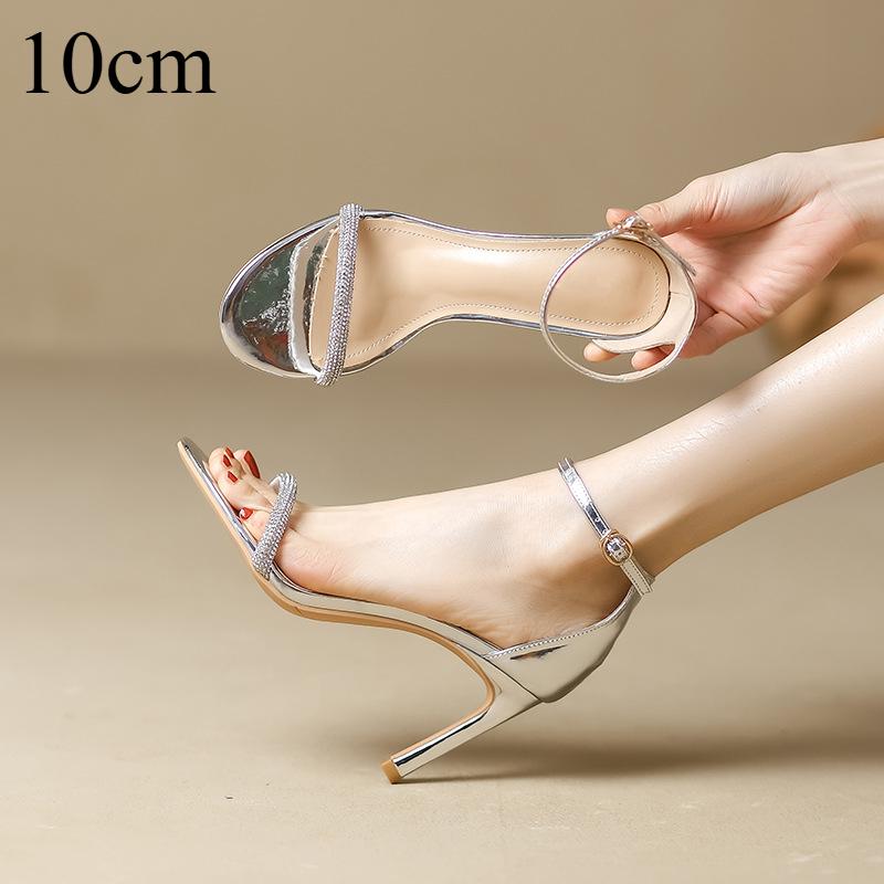 Босоножки на высоком каблуке с открытым носком и стразами, летняя женская обувь