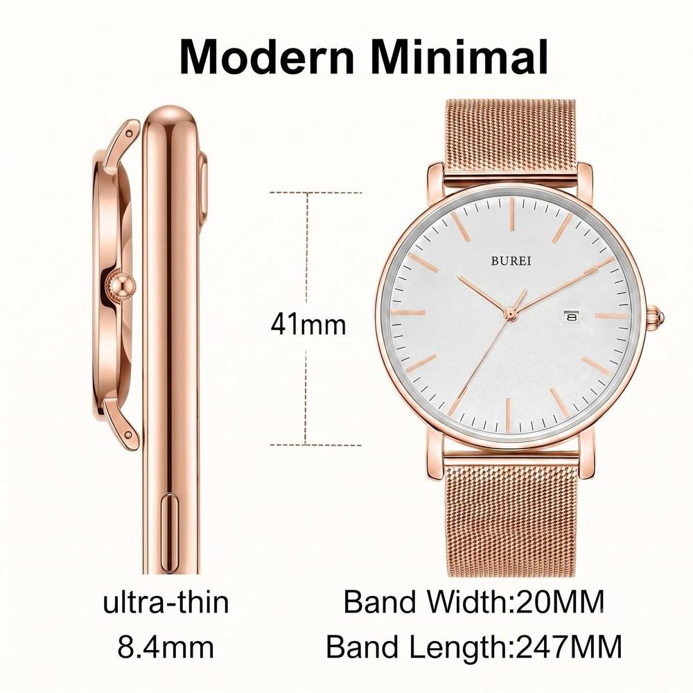 BUREI Men's Quartz Waterproof Date Rose Gold Stainless Steel Business Silver Wristwatch