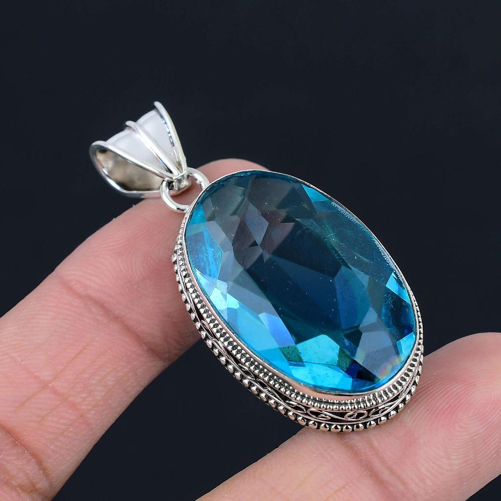 Подвеска из драгоценного камня с синим топазом, твердая подвеска из стерлингового серебра 925 пробы, ювелирный подарок для унисекс