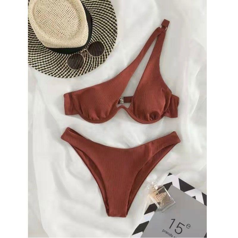 Новый летний новый бикини пляжная вечеринка сексуальный женский раздельный купальник однотонный одно плечо французский бюстгальтер наборы женские ажурные Y2k женская одежда