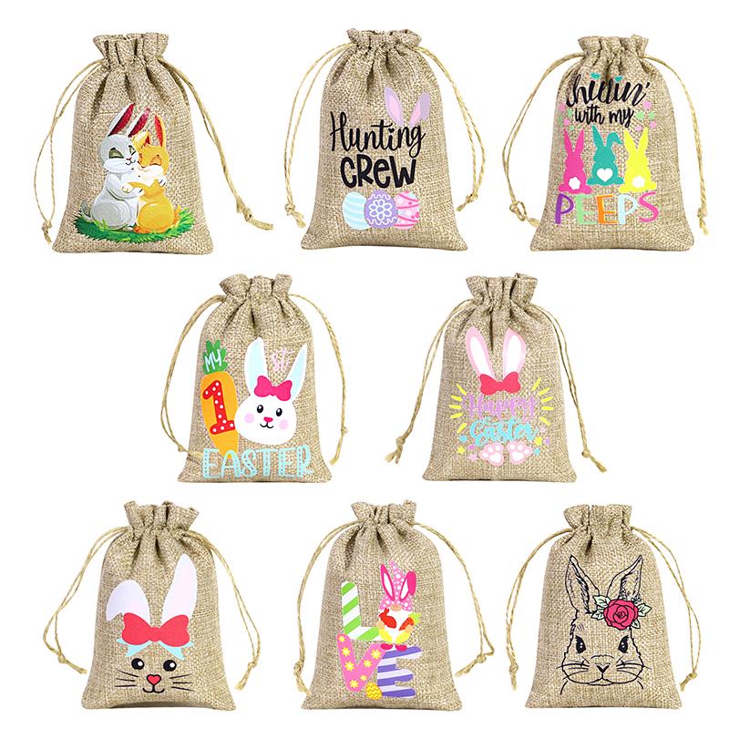 10Pcs Drawstring Pouches Cute Easter Thickened Rabbit Candy Bag Reusable Bunny Gift Bags Burlap Party Favor Supplies