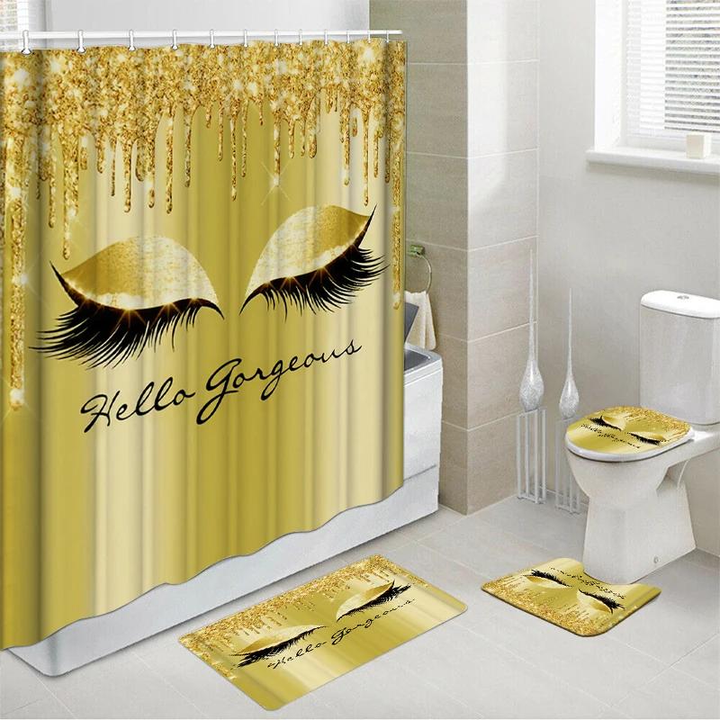 Girly Rose Gold Eyelash Makeup Shower Curtain Waterproof Toilet Cover Non-Slip Bath Mat Rug Carpet Toilet Seat Bathroom Sets