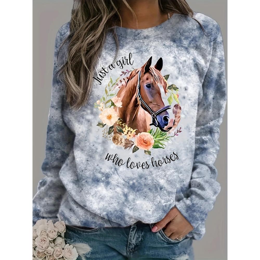 Fashion Women's Sweatshirt Horse Graphic Print Sweatshirt for Women Casual Long Sleeve Crew Neck Pullover Y2k Women's Clothing