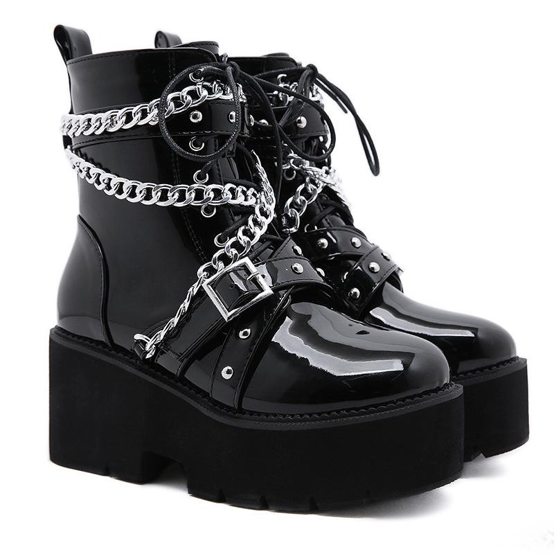 Chunky Heel Knight Boots Women's New Platform Punk Style Comfortable Chain Decoration Thick Sole Mid Length Women's Boots 2024
