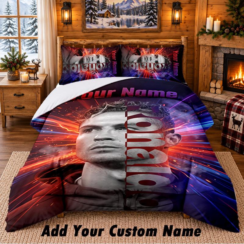 Cristiano Ronaldo Pattern Bedding 3Pcs Set Custom Name, Bed Sheet And Pillowcases For Home Bedroom