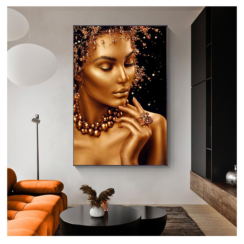 Африканское искусство, черно-золотая женская картина маслом на холсте, постеры и принты, настенная художественная картина для гостиной, сексуальная обнаженная куадрос