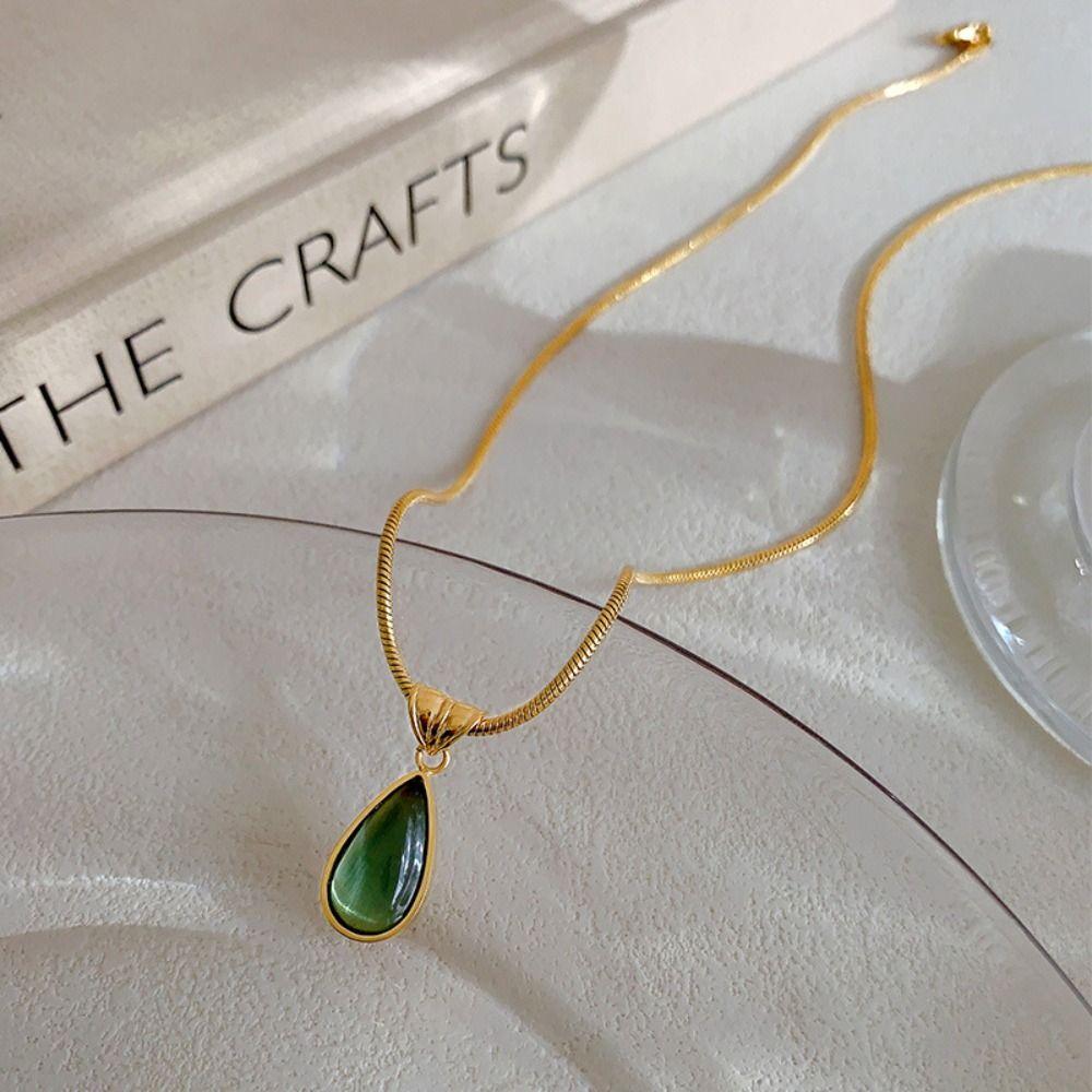 Olive-green Water Drop Neck Chain Colorfast Snake Bone Chain Necklace Drop Pendant Necklace Unisex