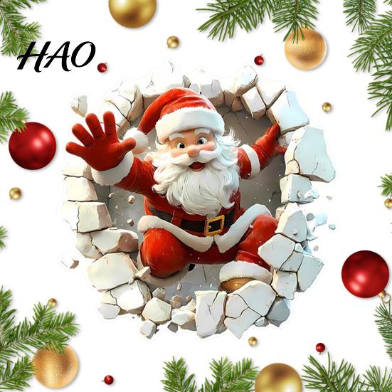 Self Adhesive Christmas Stickers for Door 3D Santa Wall Sticker, Decal, Realistic Breaking Through The Scratch Resistant Seasonal Decals Effect,