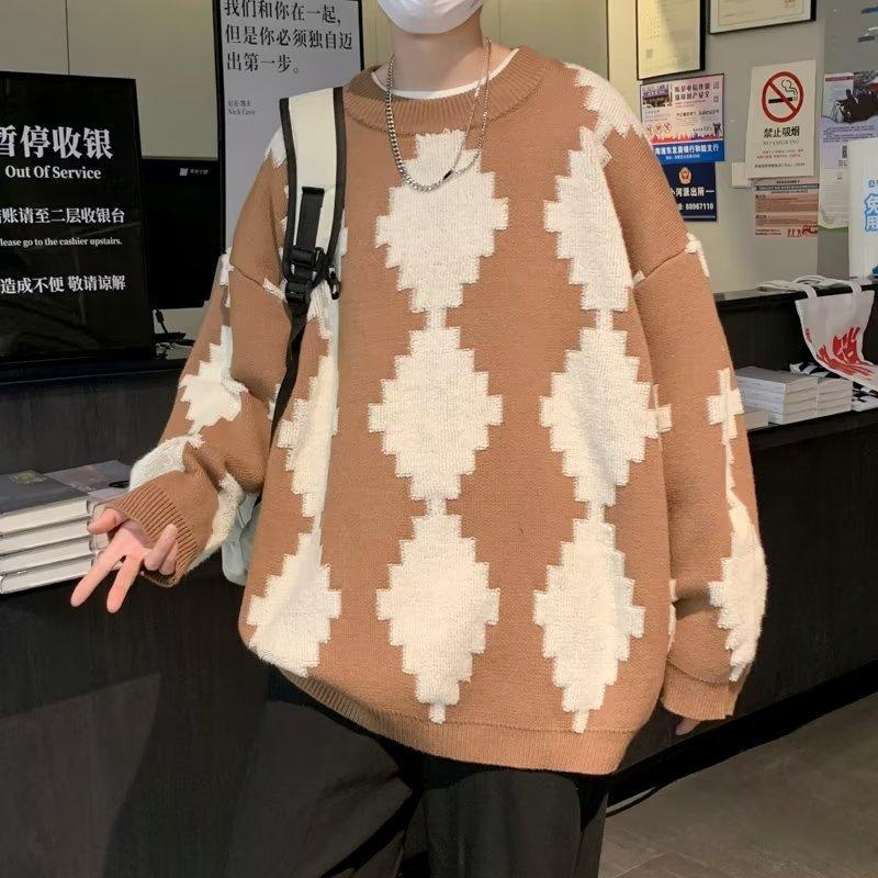Джемпер с круглым вырезом в цветных блоках для мальчиков на осень и зиму, свободный и универсальный свитер с ромбами, модный универсальный вязаный свитер для пары