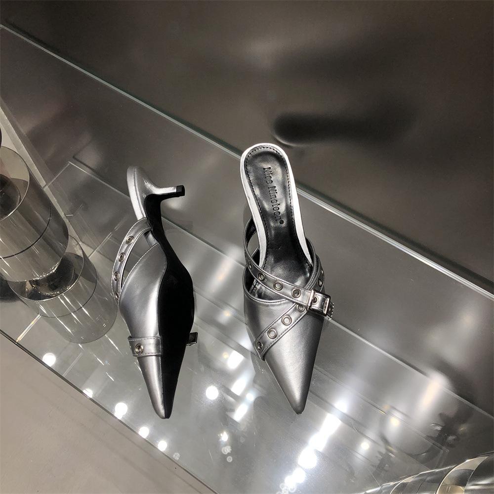 2025 Новая женская обувь на каблуках с пряжкой и ремешком Дизайнерские полутапочки с острым носком Женские туфли-лодочки Женские свадебные туфли на высоком каблуке