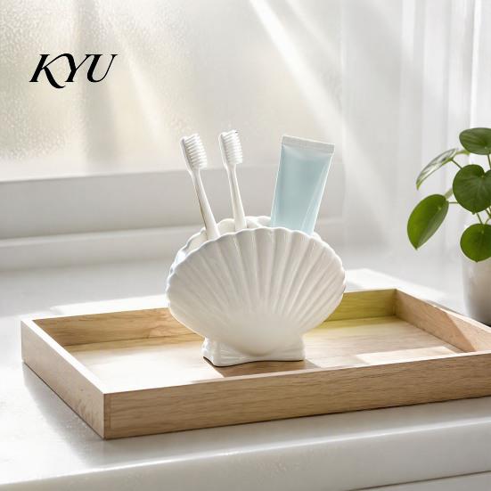 No Drill Toiletry Holder Shell Shape Toothbrush for Bathroom Countertop, 2 Compartments Waterproof Space Saving Storage Desktop Organizer, Ocean Style