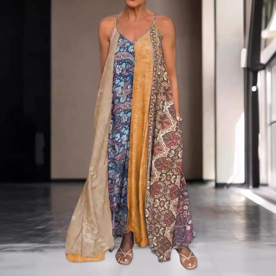 Летнее платье-комбинация с открытой спиной и без рукавов, свободный размер, трапециевидной формы, соответствующего цвета, плюс богемный принт, V-образный вырез, отпуск