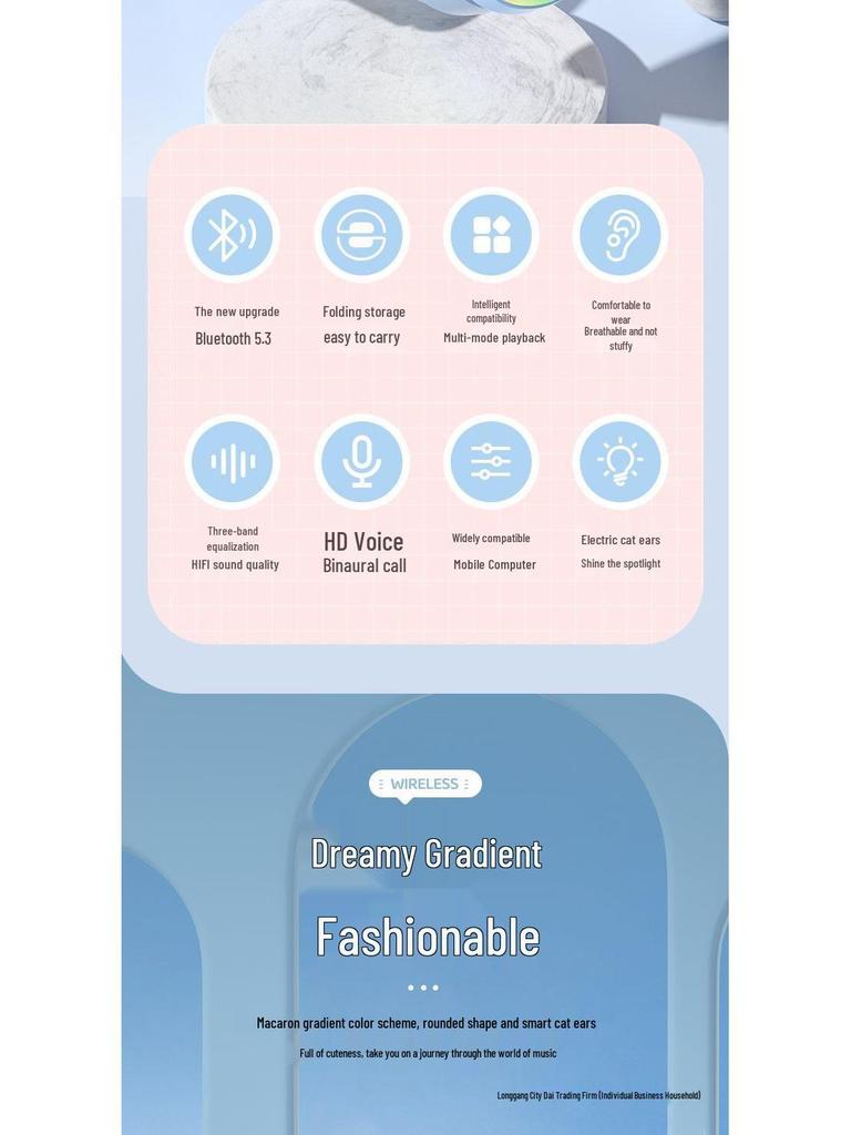 Беспроводная Bluetooth игровая гарнитура с кошачьими ушками и шумоподавлением для ноутбуков и мобильных устройств