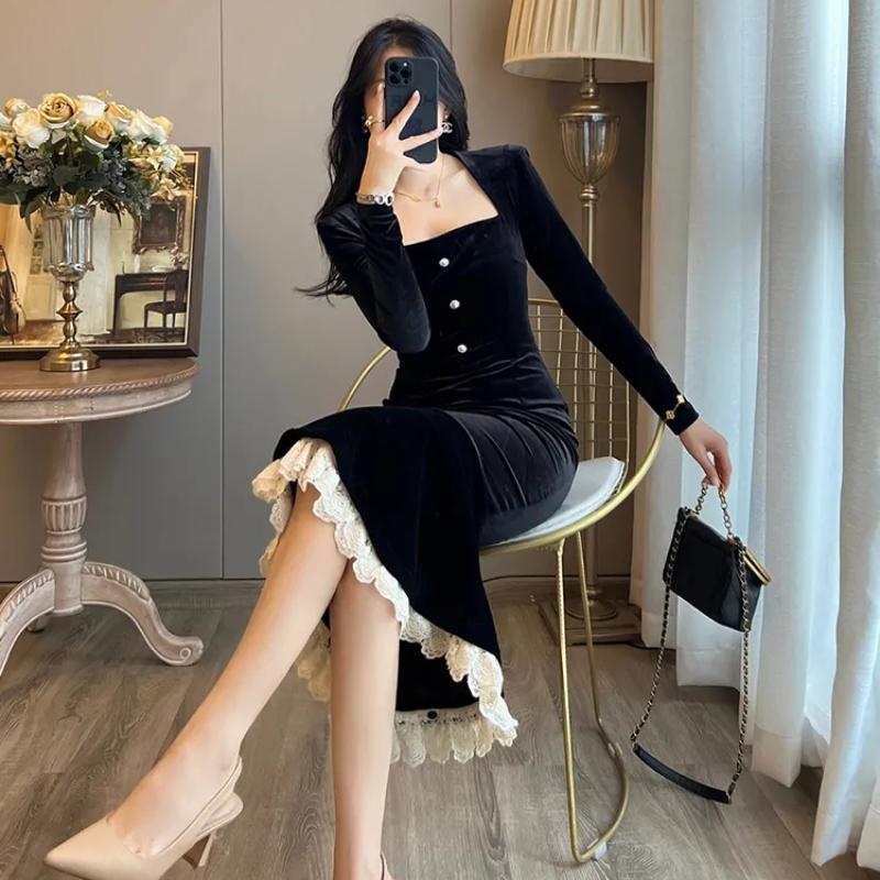 Винтажное бархатное черное облегающее платье, женское ретро кружевное платье с запахом, вечерние элегантные вечерние платья, облегающее модное весеннее платье