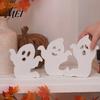 White Ghost Figurine for Home Cute Halloween Wooden Table Sign, Spooky Standing Decorative Entryway Block Sign Holiday Tiered Tray Centerpiece, Indoor