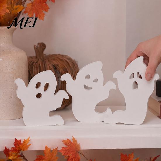 White Ghost Figurine for Home Cute Halloween Wooden Table Sign, Spooky Standing Decorative Entryway Block Sign Holiday Tiered Tray Centerpiece, Indoor