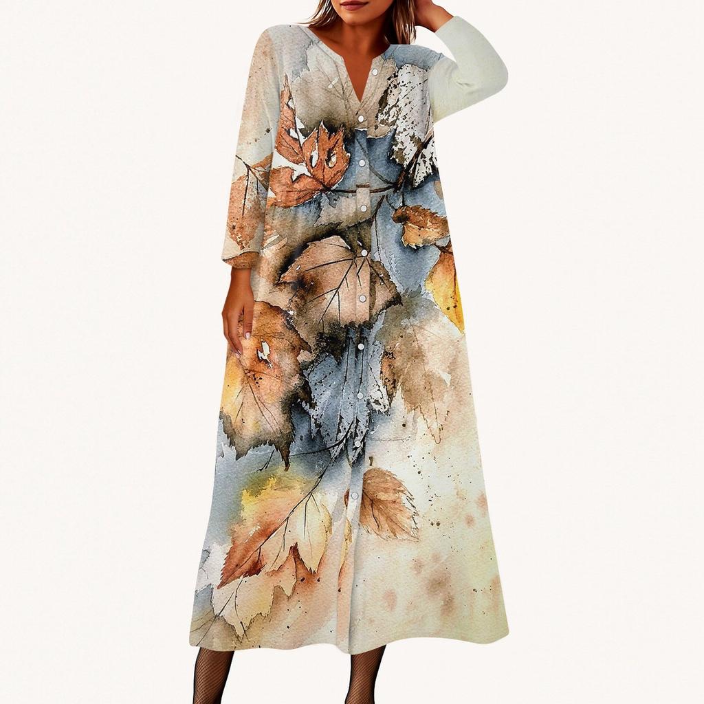 Women's Fashionable Printed Round Neck Seven Quarter Sleeve Button Loose Shirt Dress