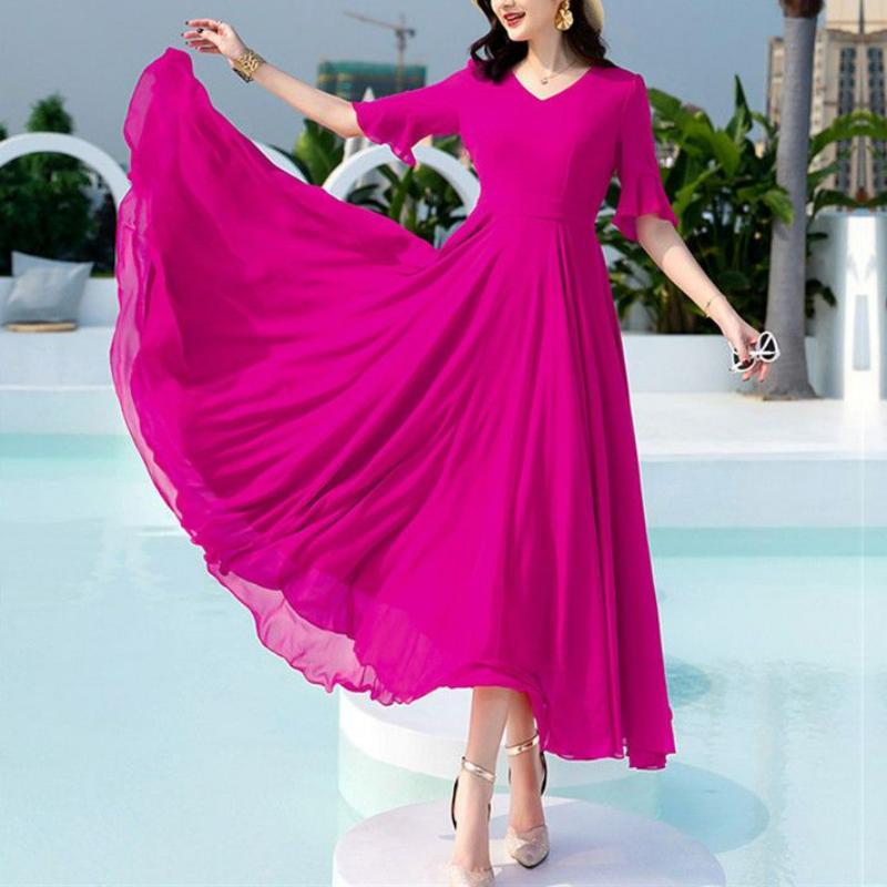 Летняя мода Новое корейское простое элегантное шифоновое платье средней длины Однотонное V-образный вырез Талия Молния Пэчворк Платья с рукавами-бабочками