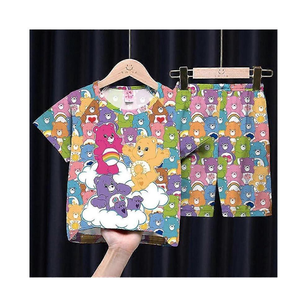 (4-5 years old, C) 4-12Years Kids Girls Care Bears Cartoon Pyjamas Short Sleeve T-Shirt Shorts Set Summer Loungewear Sleepwear Outfits