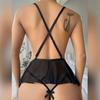 Сексуальное боди с низким вырезом, глубоким V-образным вырезом, без рукавов, прозрачное кружево, сетка, крест на спине, цветочная вышивка, декор с бантом, регулируемый ремень-спагетти
