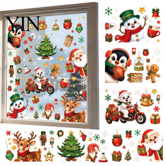 Winter Seasonal Room Decor 6Pcs Christmas Window Cling, Santa Snowman Penguin Reindeer Static Glass Cute Cartoon Adhesives Decals for Storefront,