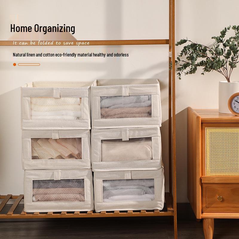 Большой японский хлопково-льняной ящик для хранения с прозрачным окошком, складной тканевый контейнер для одежды