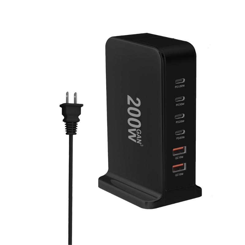 Зарядное устройство USB C 200 Вт Блок быстрой зарядки 6-портовая зарядная станция Кирпичик Зарядное устройство для ноутбука 2 USB+4 Type C для путешествий дома