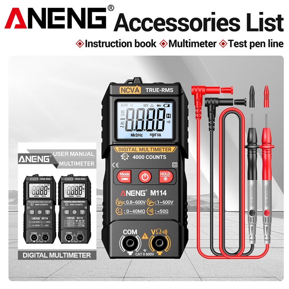 Умный мультиметр ANENG M114 600 В AC/DC Вольтметр 4000 отсчетов NCV Тестер сопротивления с зуммером Удержание данных Автоматическое отключение