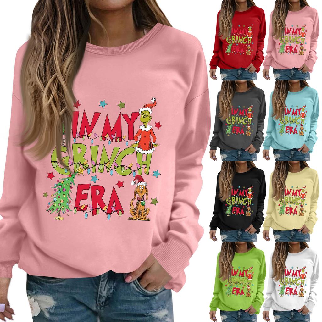 Women's Fashion Casual Long Sleeve Solid Color Christmas Printed Round Neck Top Sweatshirt