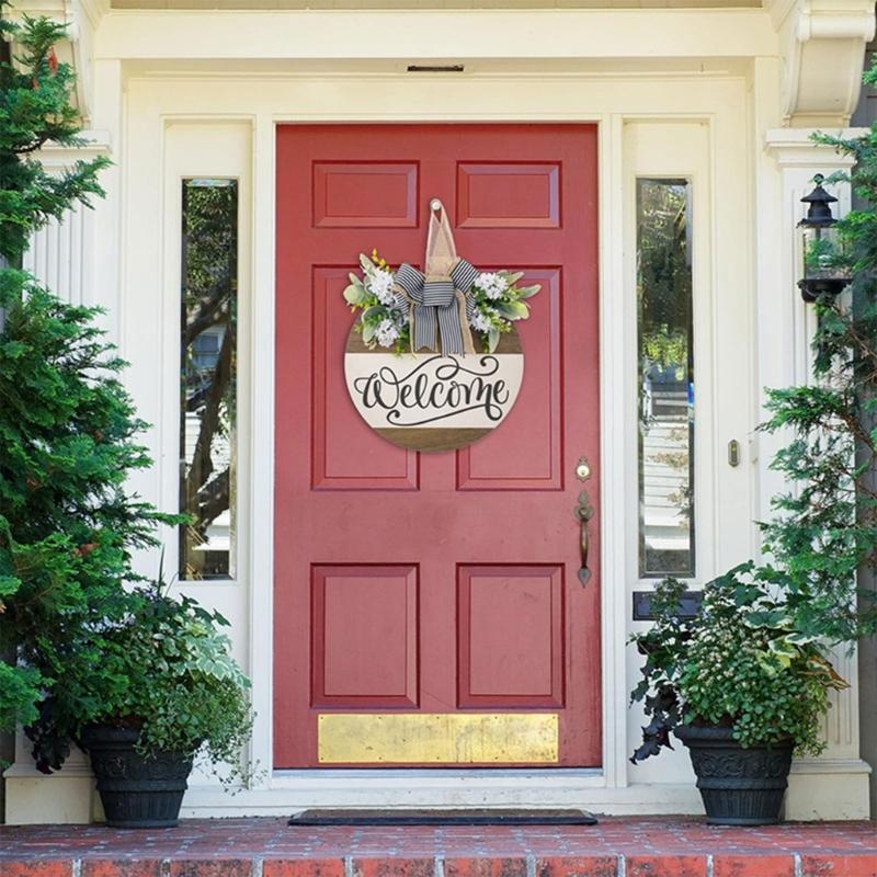 Деревянная приветственная табличка Цветочный венок Подвески Подвески для входной двери Стены Сада Доска с украшениями в виде бантиков