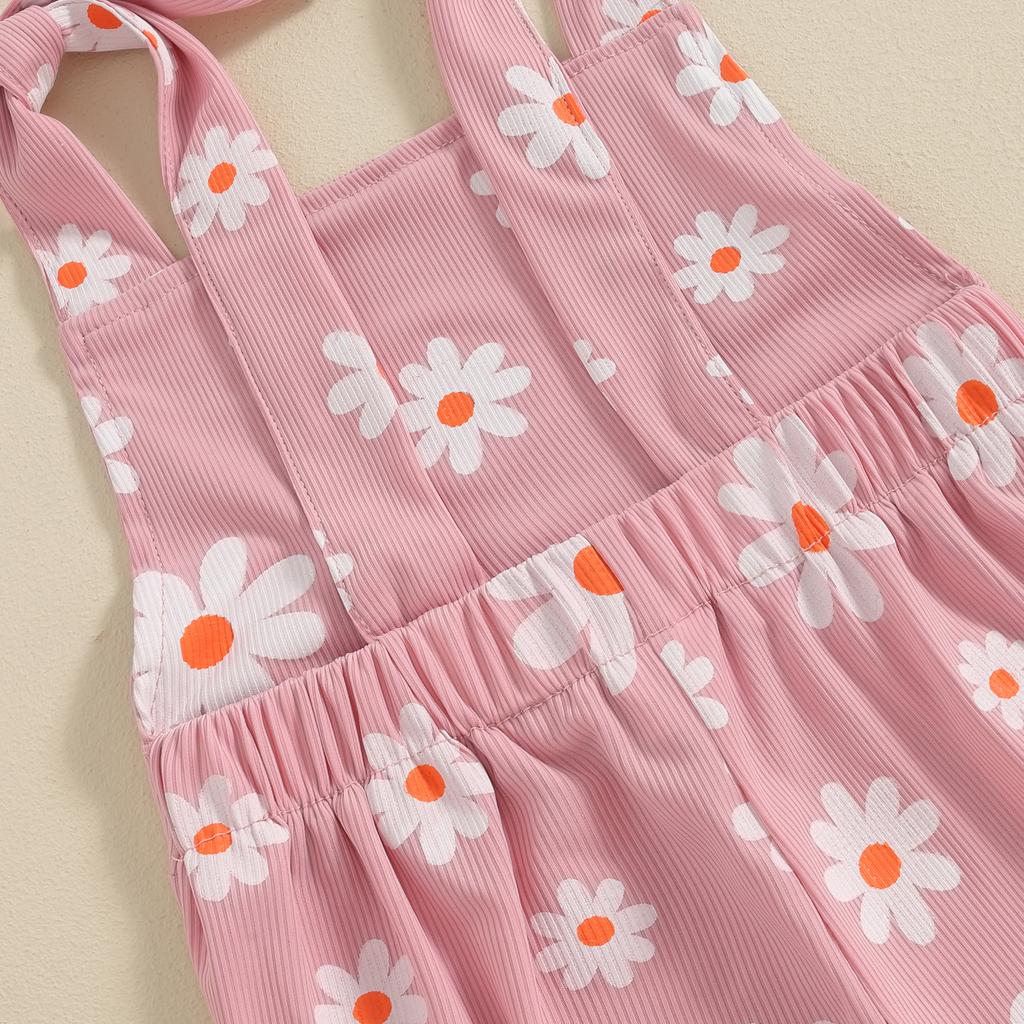 Toddler Girls Summer Flare Jumpsuit Daisy Print Sleeveless Tie-Up Bell-Bottoms Romper