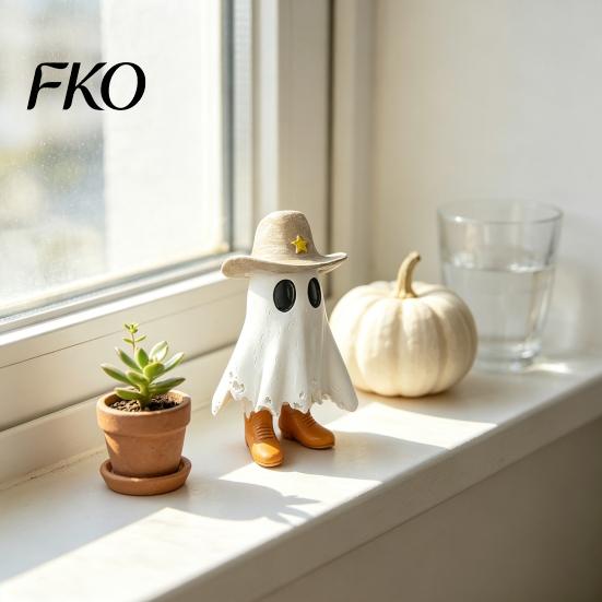 White Ghost Decoration Halloween Cowboy Statue, Spooky Resin Figurine, Western Tabletop Decor Sculpture with Boot And Hat for Mantel, Tiered