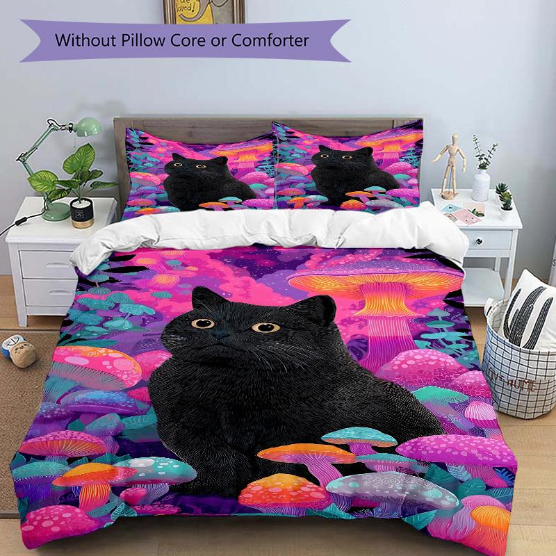 3pcs bedding set Mushroom Fantasy Cat Includes 1 Comforter + 2 Pillowcases, Without Pillow Inserts, Soft Comfortable, Lightweight Breathable027