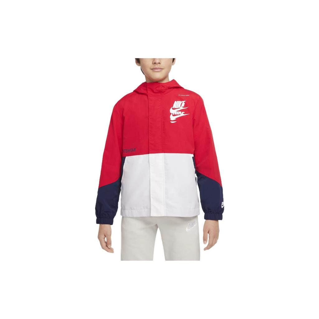 Nike Куртка Ss22, длинное пальто с капюшоном и молнией, цветные блоки, детские куртки, университетский красный DZ7291-657