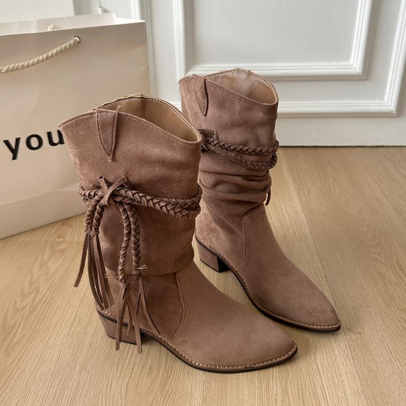 Версия из коровьей кожи~ ботинки на толстой подошве женские винтажные в стиле рыцарских ботинок из натуральной кожи матовые с бахромой из пеньковой веревки на толстом каблуке ботильоны