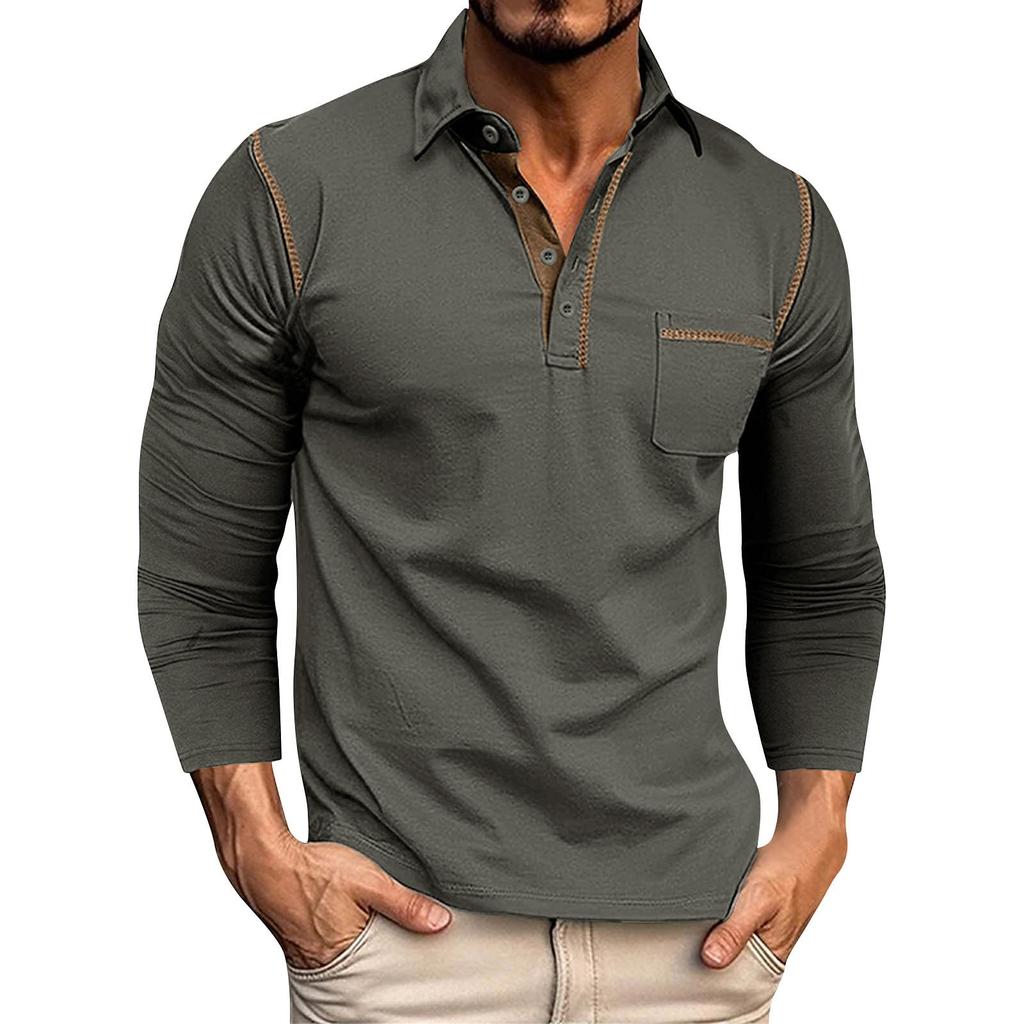 Men's Spring And Autumn Solid Color T-shirt Lapel 3 Button Open Placket Button Long Sleeved Top