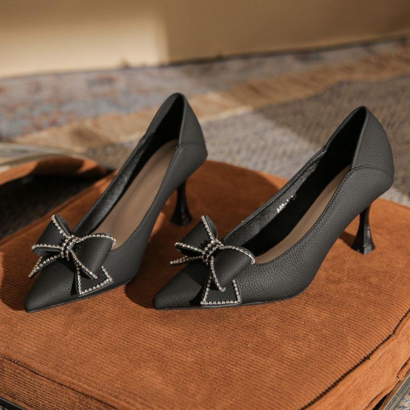 Французский темперамент Высокие каблуки Туфли на тонком каблуке и сверле Одиночные туфли Профессиональная рабочая обувь Покупки Свидания Банкет и обувь Женские туфли на высоком каблуке с бантом