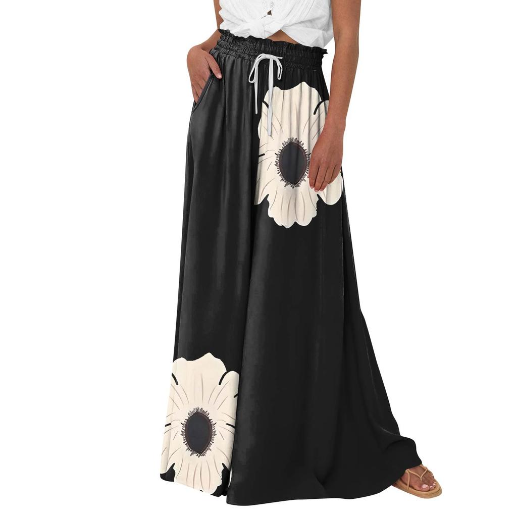 Women's Palazzo Pants Boho Floral Wide Leg Trousers Summer Beach High Waisted Flowy Pants With Pockets