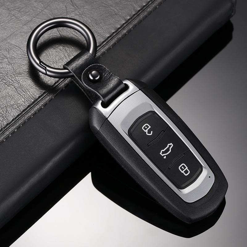Men's Metal & Leather Car Keychain with Round Buckle