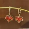 Vintage Cubic Zirconia Red Maple Leaf Earrings for Women Temperament Wedding Earrings Party Jewelry Gift