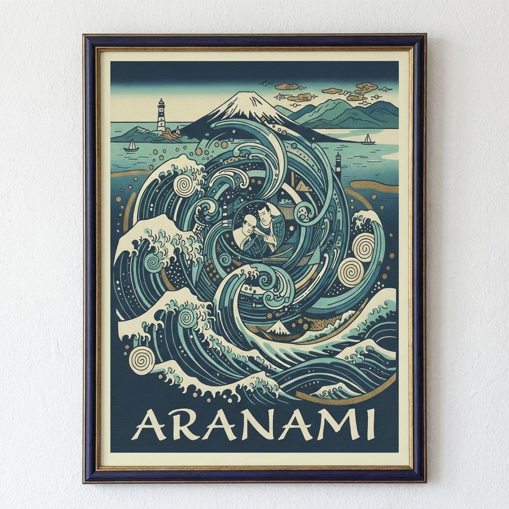 Used A2 Art Poster, Ukiyo-e Style, Wave, Mt. Fuji, Lighthouse and Sailboat, Japanese Modern Seascape, Blue-Green, Interior Display, No Frame, 31